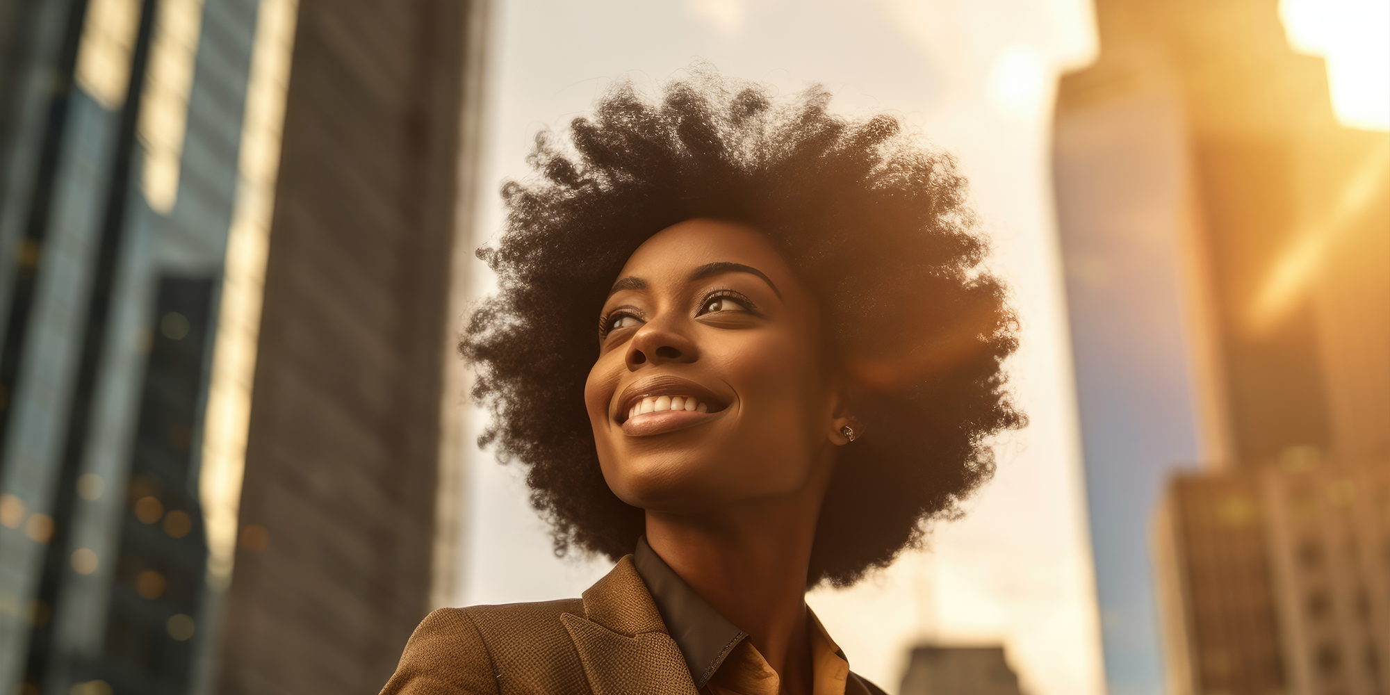 Happy wealthy rich successful black businesswoman standing in big city modern skyscrapers street on sunset thinking of successful vision