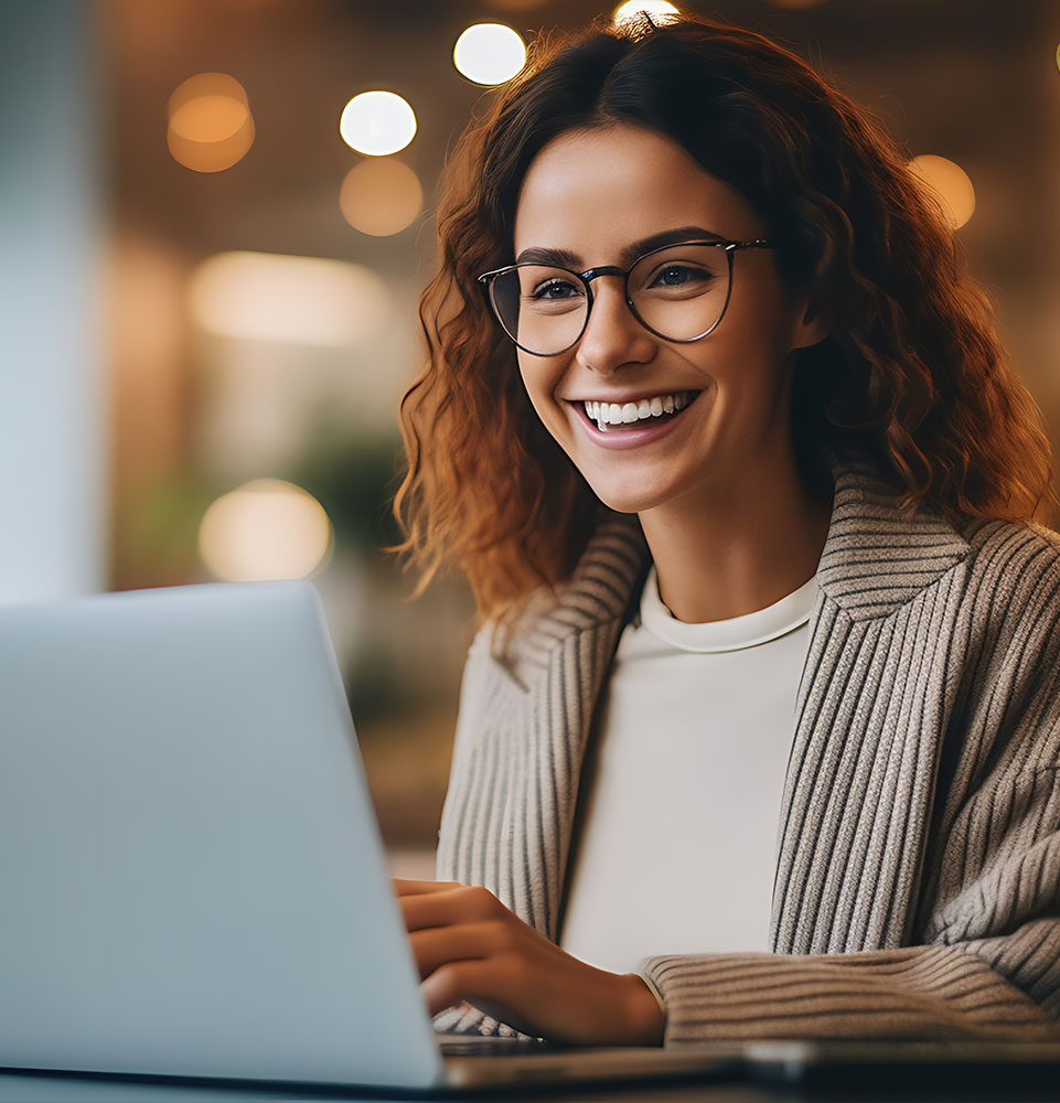 portrait of young beautiful woman smiling while working with laptop in office