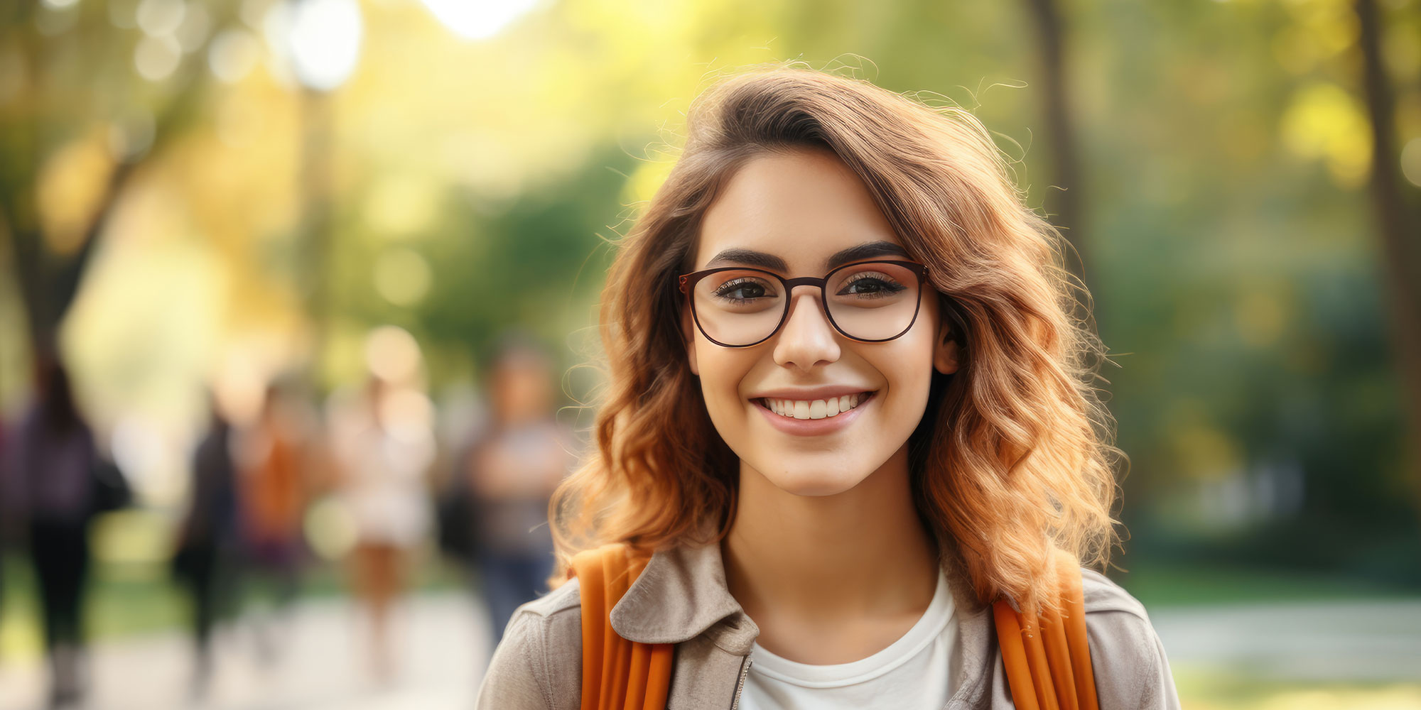 A student girl with a backpack and glasses in the park in autumn