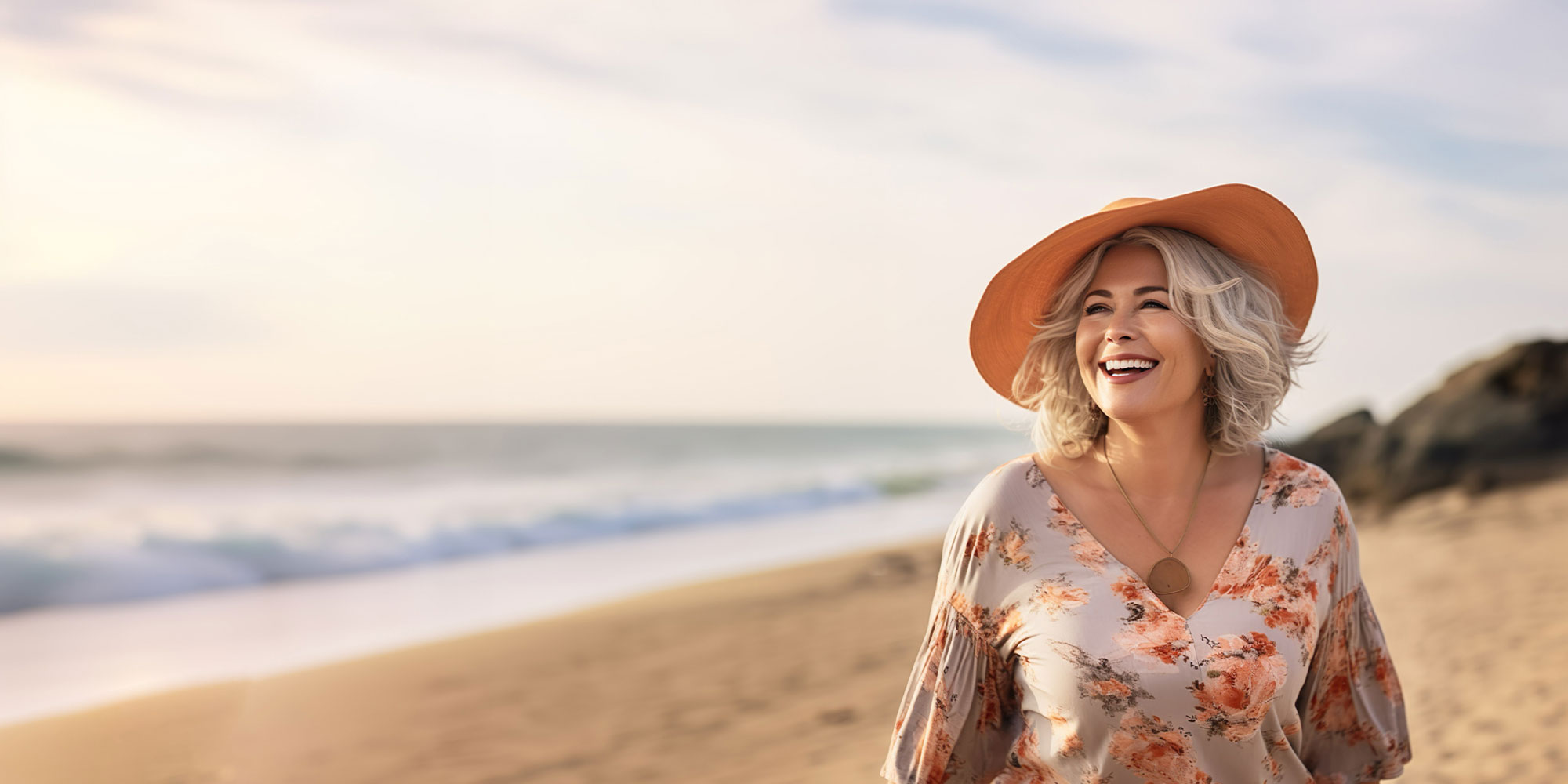 mature female smiling on the beach during sunset